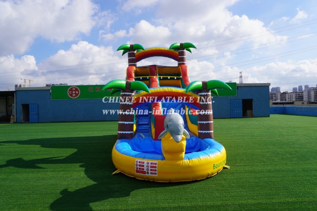 T8-1332 Dolphin Theme Inflatable Palm Tree Water Slide Kids Party Adults Inflatable Slide With Pool