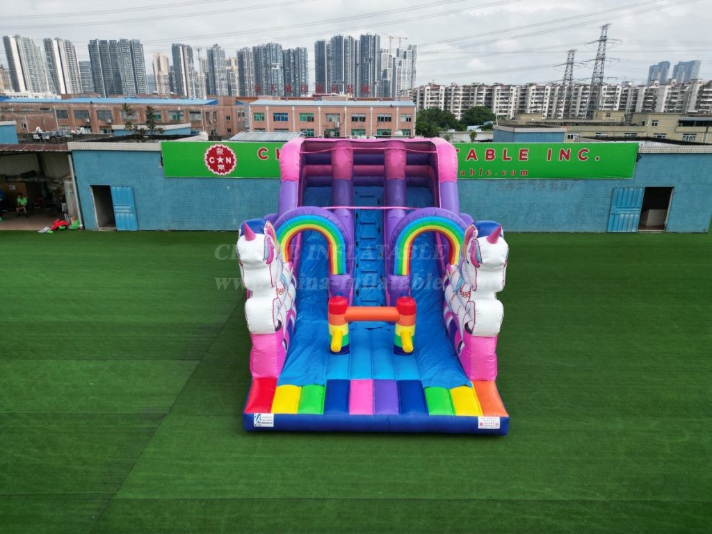 T8-4183 Rainbow Unicorn Carriage Double Inflatable Slide