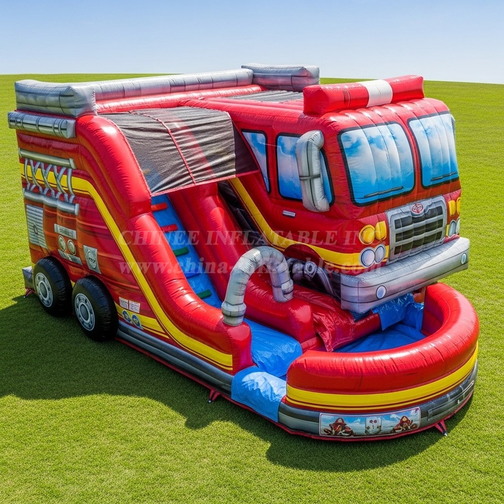 T8-5589 Firetruck Theme Inflatable Water Slide