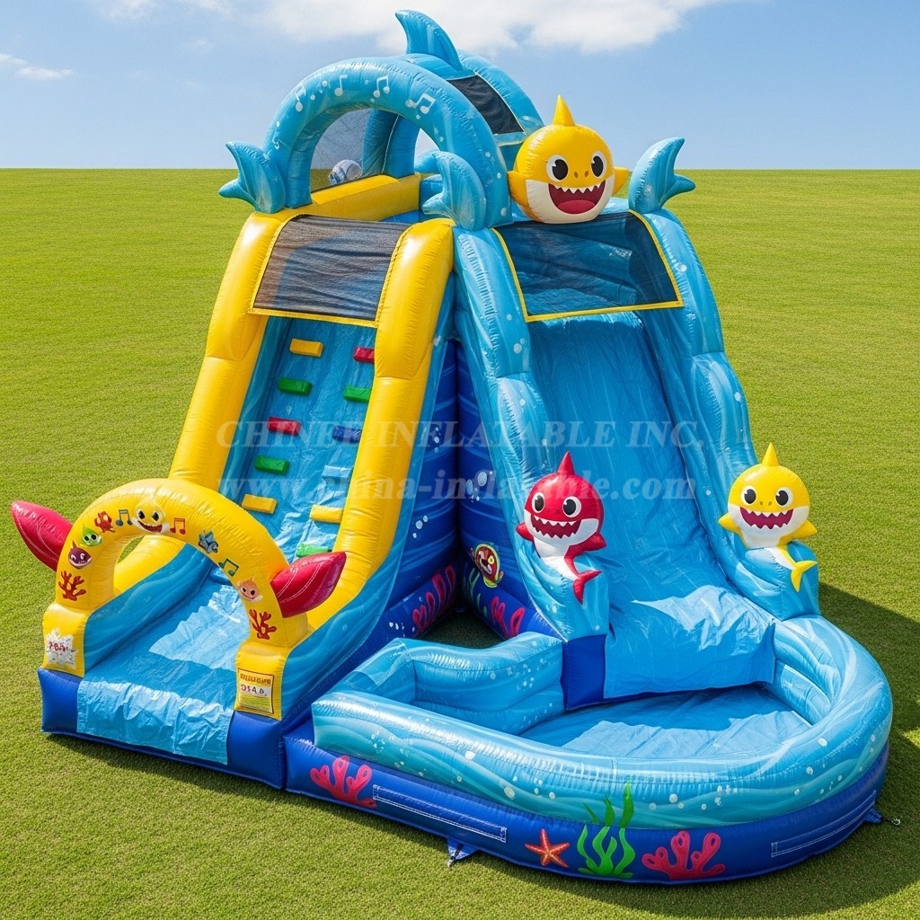 T8-7126 Baby Shark Theme Inflatable Water Slide