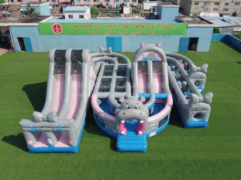 CR2-801 Hippo Theme Giant Inflatable Obstacle Courses Challenging Run