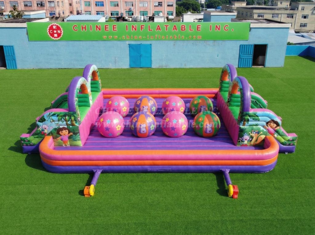 T11-4751E Dora Theme Inflatable Dual Wipeout Big Balls Obstacle Course