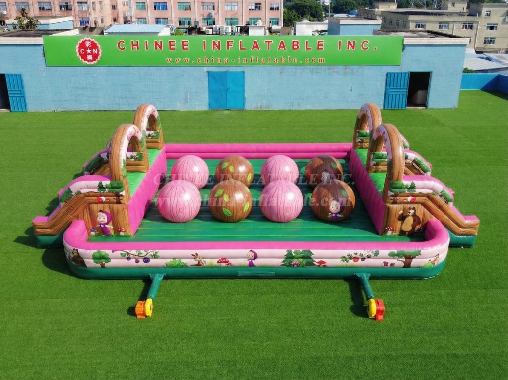 T11-4751K Masha And The Bear Theme Inflatable Dual Wipeout Big Balls Obstacle Course