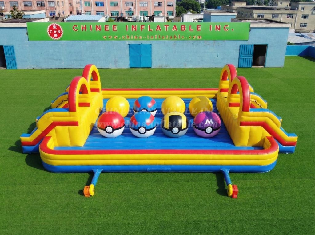T11-4751S Pokemon Theme Inflatable Dual Wipeout Big Balls Obstacle Course