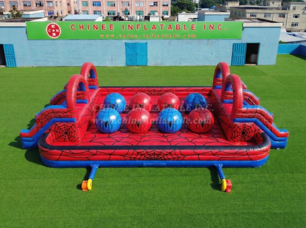 T11-4751T Spider Man Theme Inflatable Dual Wipeout Big Balls Obstacle Course