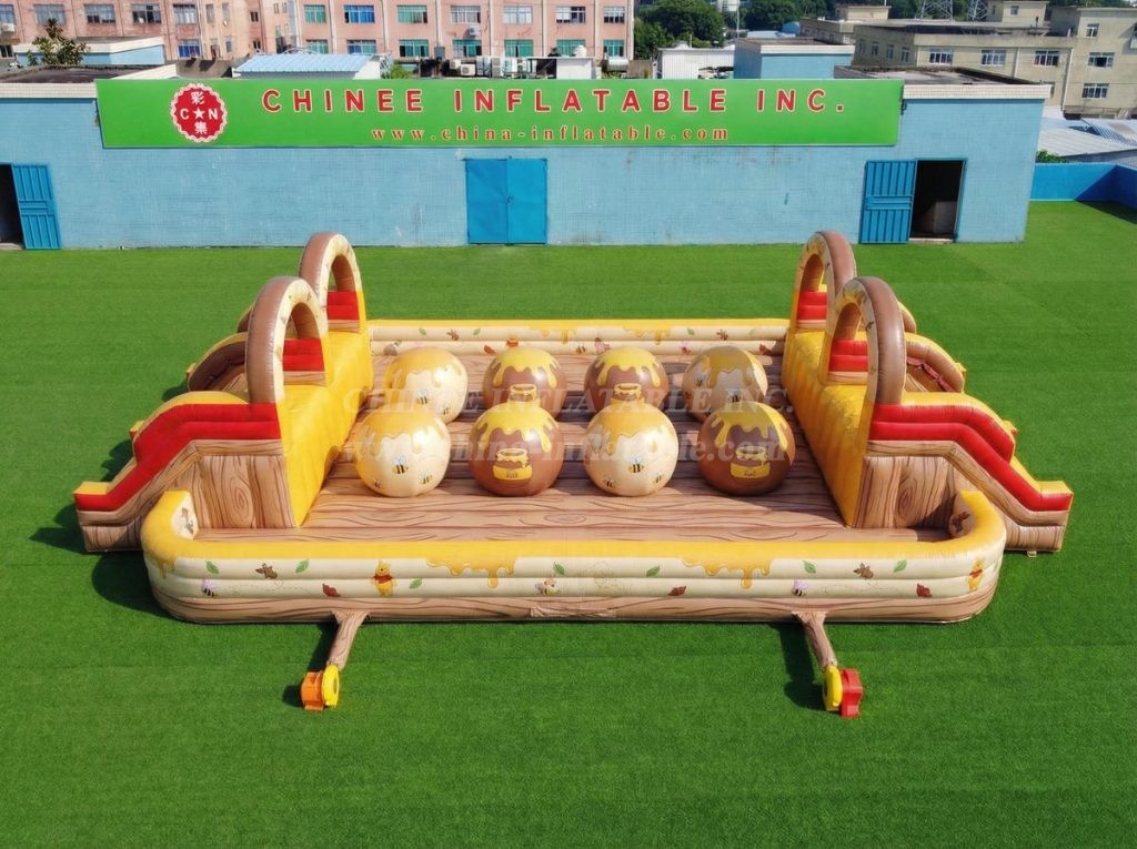 T11-4751Z Winnie The Pooh Theme Inflatable Dual Wipeout Big Balls Obstacle Course