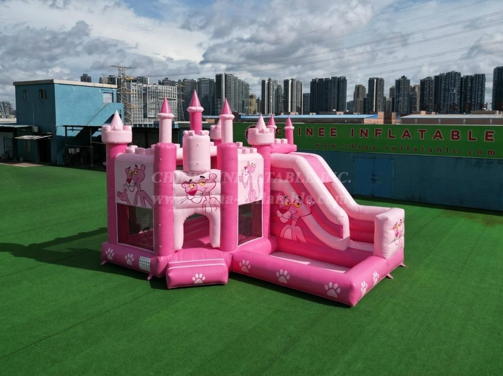 T2-8821 Pink Panther Theme Bouncy Castle with Slide & Pool